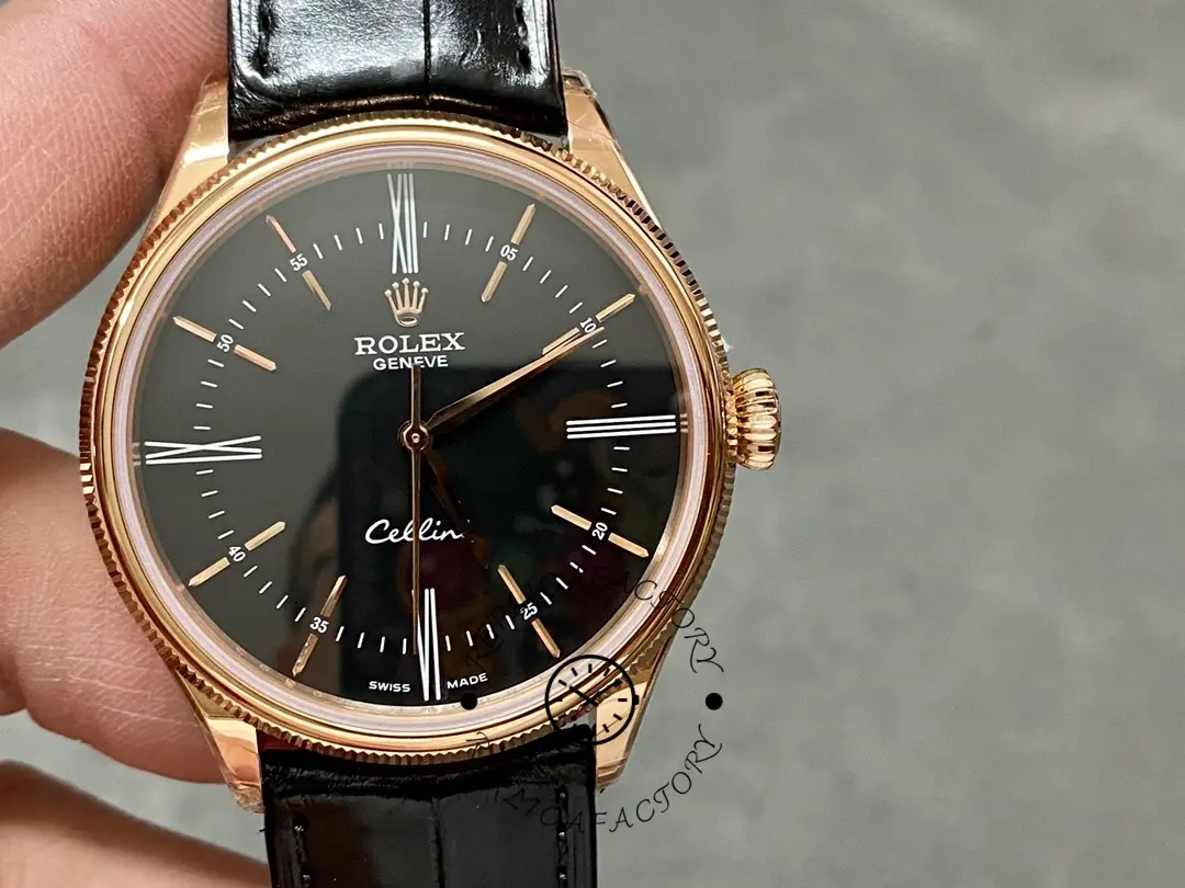 Rolex Cellini Time 50505 Black Leather Strap Black Dial 39mm Mens Replica Watch