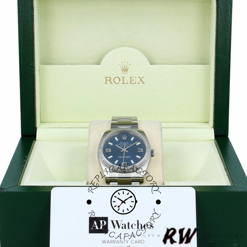 Rolex Oyster Perpetual Air-King 114210, blue dial 34mm, full set with box and tag.