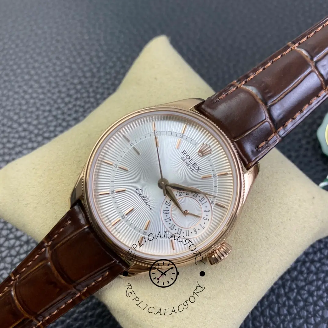 Rolex Cellini Date 50515 close-up from left, showing rose gold bezel, silver dial and date at 3.