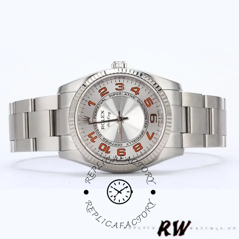 Rolex Oyster Perpetual Air-King 114234, front view of silver dial with orange numerals on Oyster bracelet.
