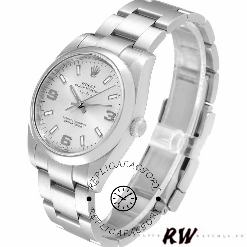 Rolex Air-King 114200, silver Arabic numeral dial, stainless steel bracelet, side angle.