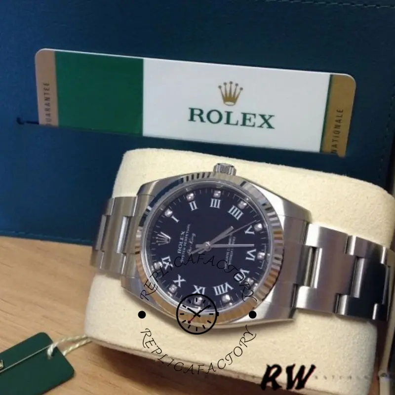 Rolex Oyster Perpetual Air-King 114234, presentation shot with blue dial visible.