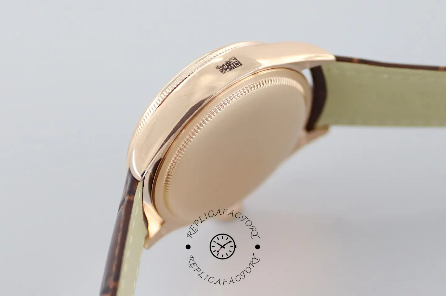 Rolex Cellini Date 50515 case profile close-up, showing slim rose gold body and curved lugs.