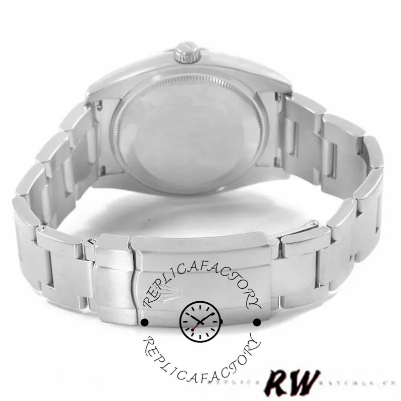 Rolex Air-King 114234 case back view, stainless steel Oyster bracelet and smooth back, rear angle.