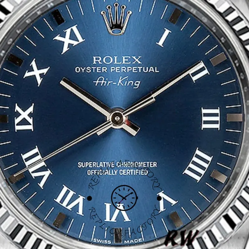 Rolex Oyster Perpetual Air-King 114234, close-up of blue dial with Roman numerals.