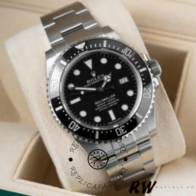 Rolex Sea-Dweller 4000 116600 0001, black dial, close-up on box showing case and bezel.