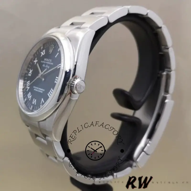 Rolex Oyster Perpetual Air-King 114200, side view on stand showing case profile and crown.