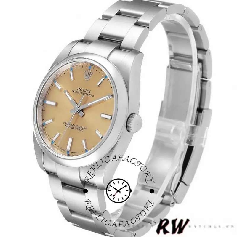Rolex Oyster Perpetual 114200, side angle showing smooth bezel and Oyster bracelet.