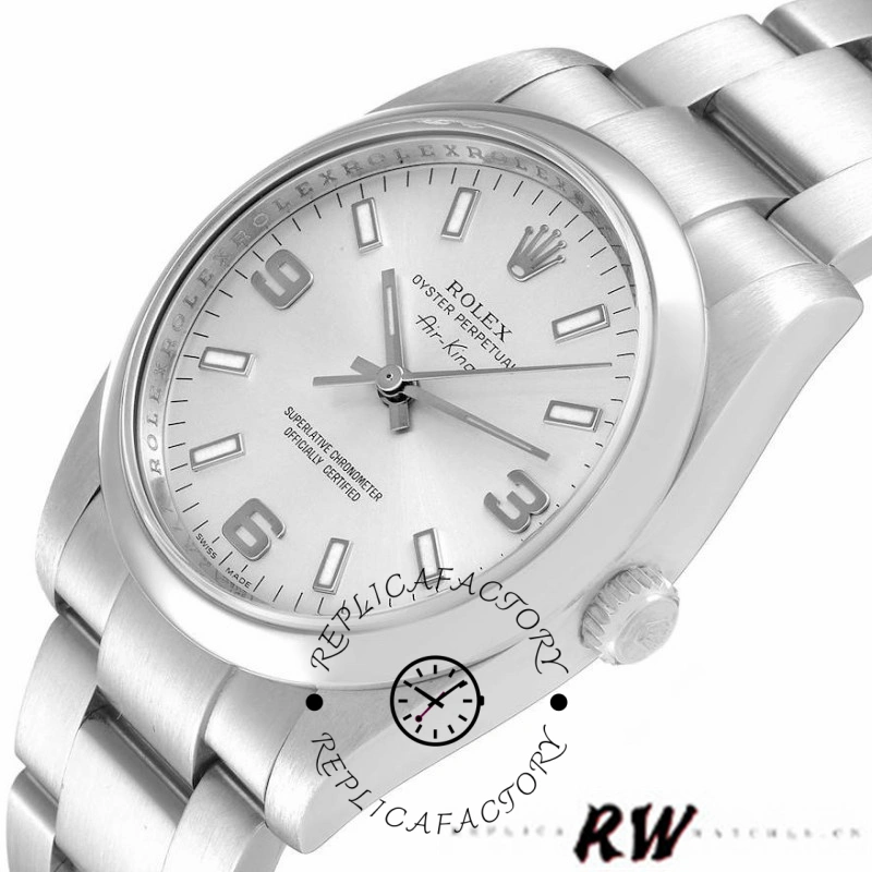 Rolex Air-King 114200 close-up, silver Arabic dial and smooth bezel, stainless steel case.