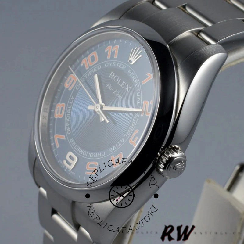 Rolex Air-King 114200, side profile showing case thickness and smooth bezel.