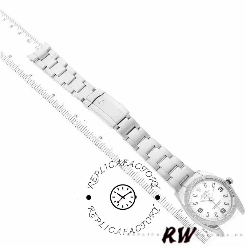 Rolex Oyster Perpetual Air-King 114210, full bracelet side view, white dial 34mm.