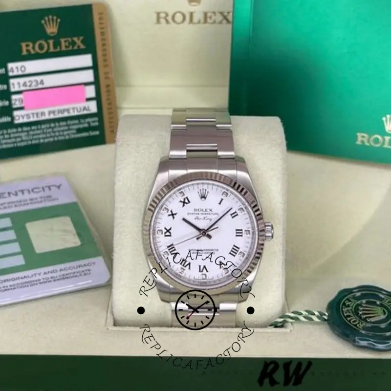 Rolex Oyster Perpetual Air-King 114234, white diamond dial 34mm, full set with box and cards.