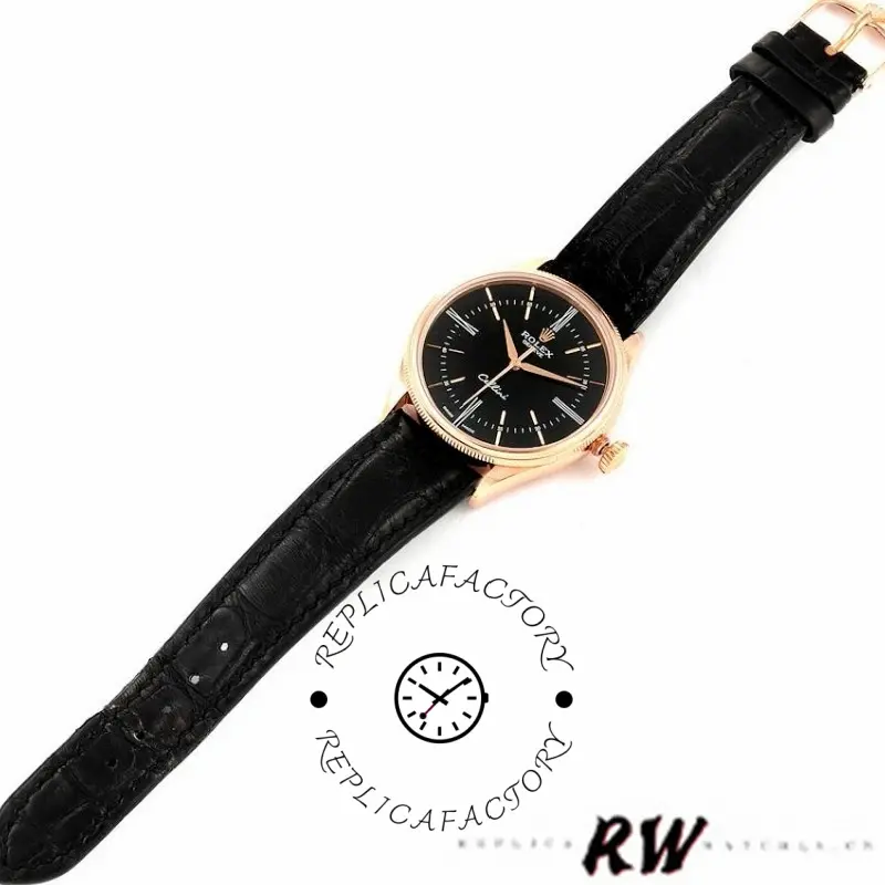 Rolex Cellini Time 50505 Black Leather Strap Black Dial 39mm Mens Replica Watch
