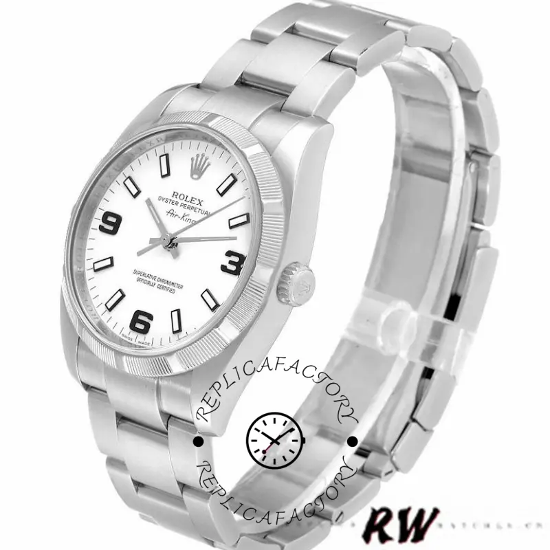 Rolex Oyster Perpetual Air-King 114210, white dial 34mm, angled view with clasp and links.