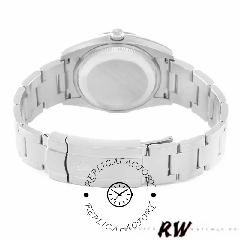 Rolex Air-King 114200 case back view, stainless steel Oyster bracelet and smooth back, rear angle.