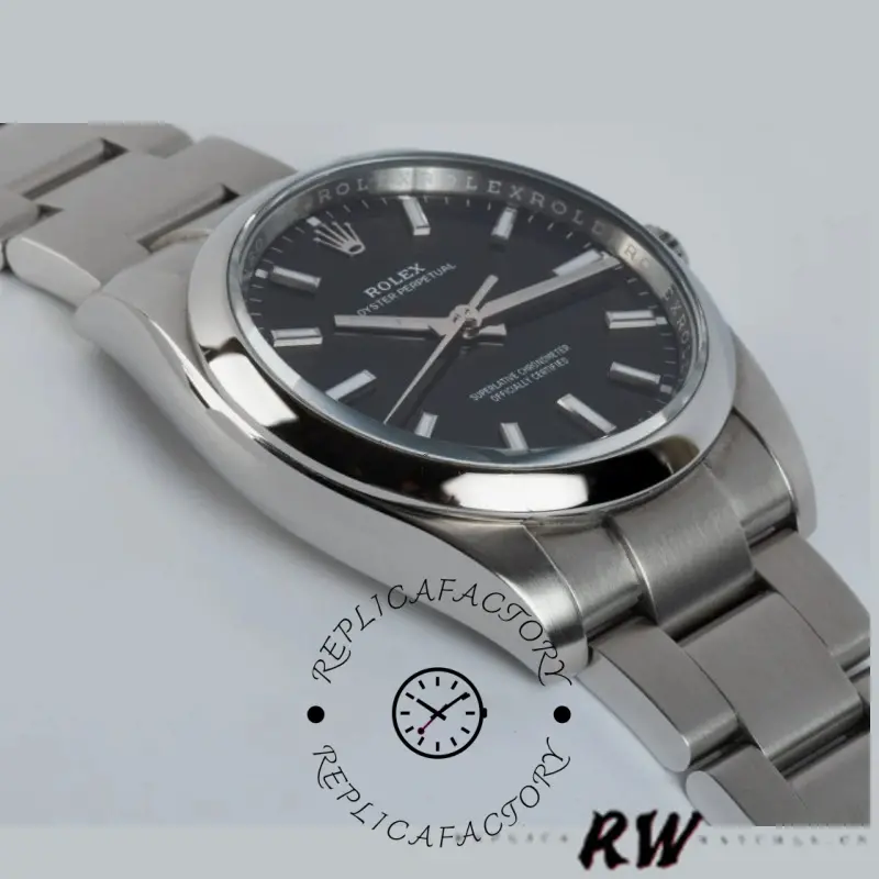 Rolex Air-King 114200, black index dial, angled view showing case and bracelet.