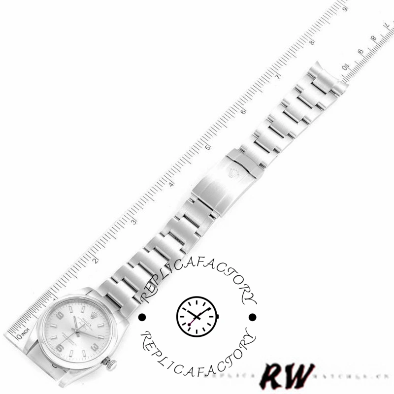 Rolex Air-King 114200 bracelet side view, stainless steel Oyster links with clasp detail, white background.