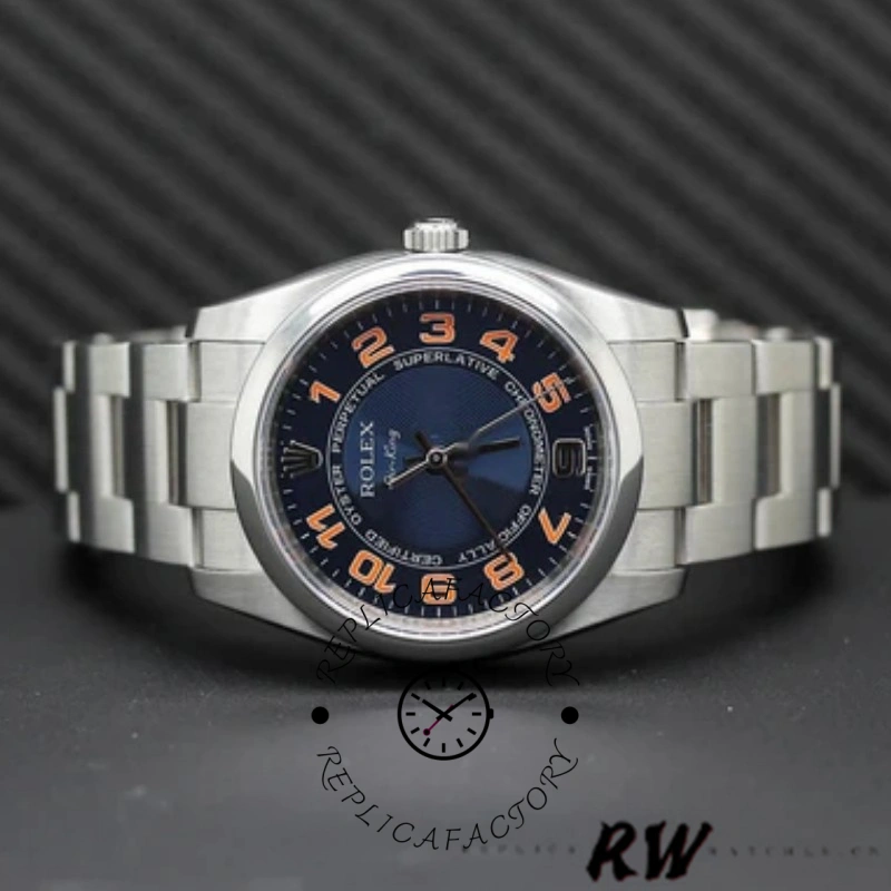 Rolex Air-King 114200, full watch shot on Oyster bracelet, blue dial on dark background.