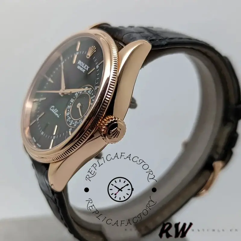 Rolex Cellini Date 50515 side profile, rose gold case and crown, black leather strap, on stand.