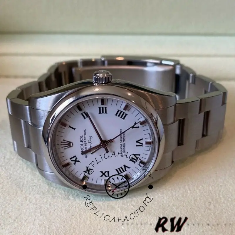 Rolex Oyster Perpetual Air-King 114200, angled view showing white Roman dial and bracelet.