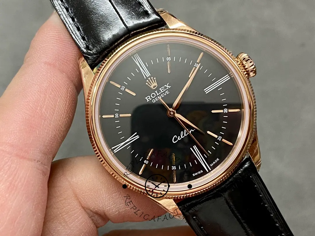 Rolex Cellini Time 50505 Black Leather Strap Black Dial 39mm Mens Replica Watch