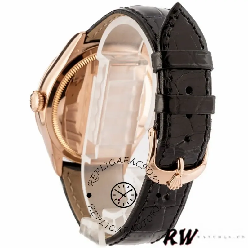 Rolex Cellini Date 50515 rear view, rose gold case back and black leather strap, buckle visible.