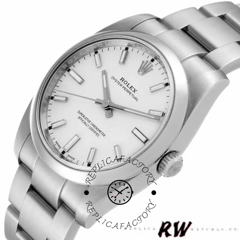 Rolex Air-King 114200 close-up, white index dial and smooth bezel, stainless steel case.