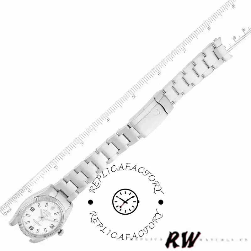 Rolex Oyster Perpetual Air-King 114234, full bracelet side view, white Arabic dial 34mm.