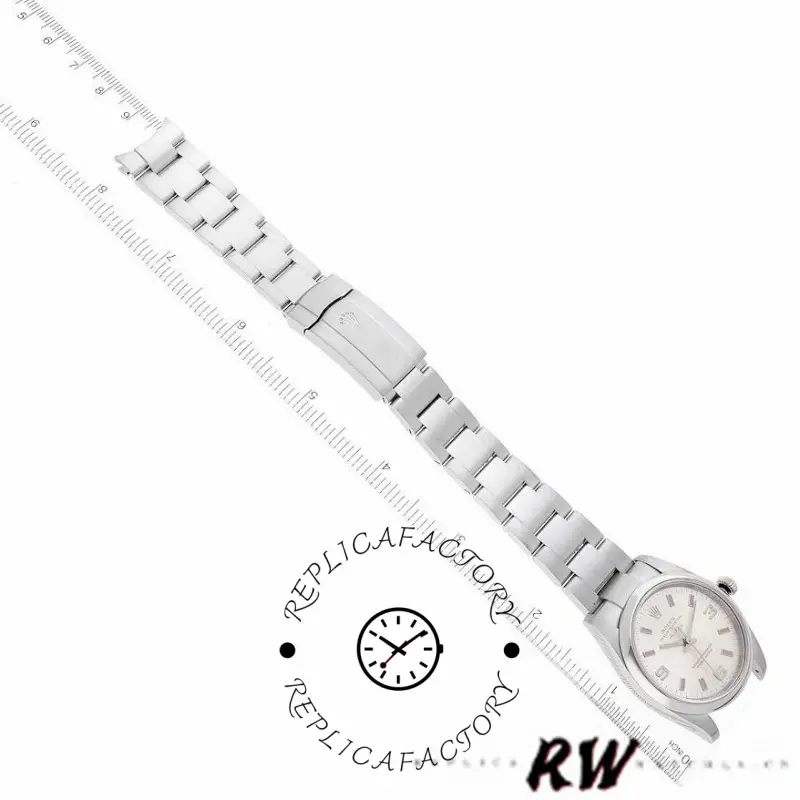 Rolex Air-King 114200 bracelet side view, stainless steel Oyster links and clasp detail, white background.