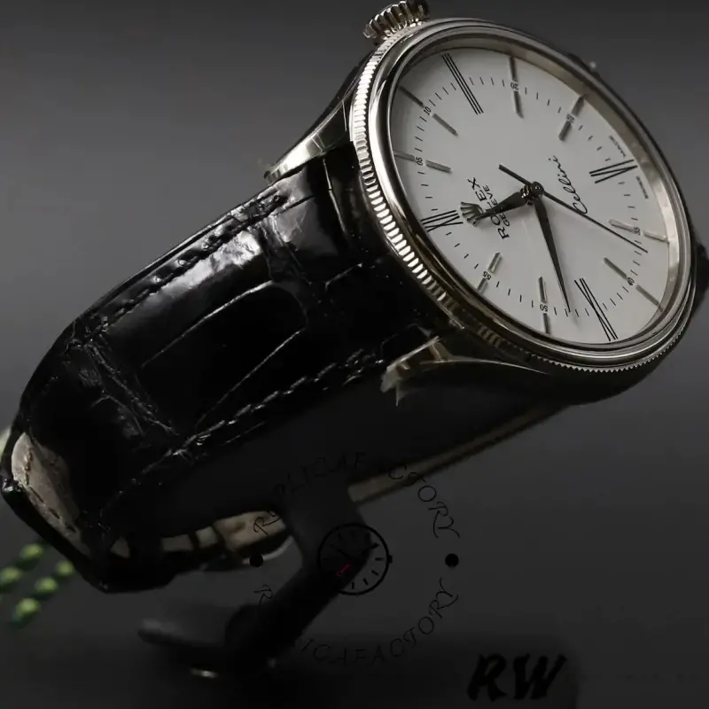 Rolex Cellini Time 50509 Black Leather Strap White Dial 39mm Mens Replica Watch
