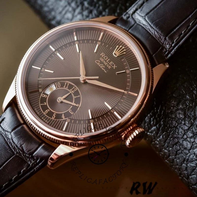 Rolex Cellini Dual Time 50525, product angled view showing brown dial and rose gold case.