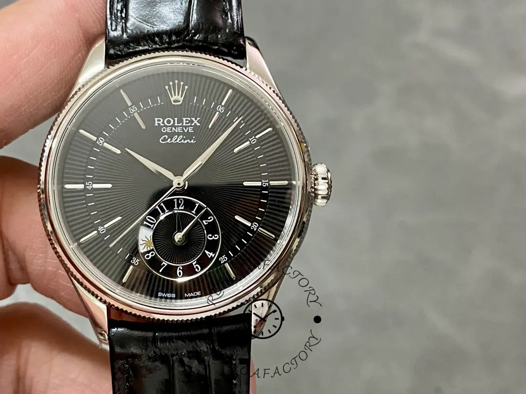 Rolex Cellini Dual Time 50529 Black Dial White Gold 39mm Mens Replica Watch
