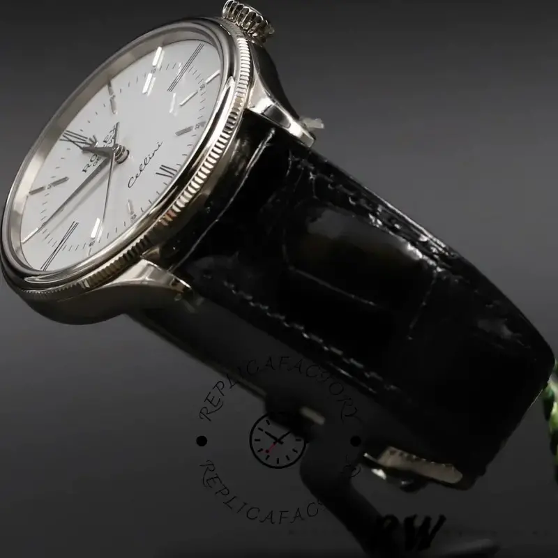 Rolex Cellini Time 50509 Black Leather Strap White Dial 39mm Mens Replica Watch