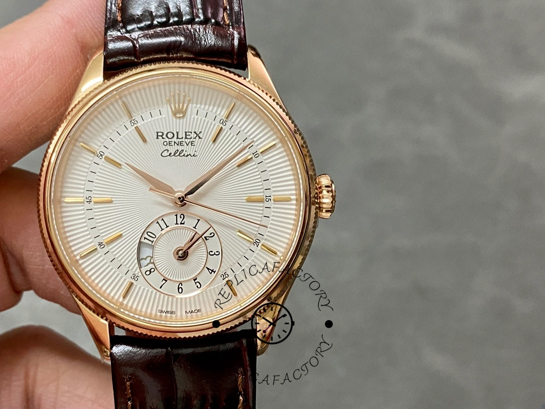Rolex Cellini Dual Time 50525 Silver Dial Brown Leather Strap 39mm Mens Replica Watch