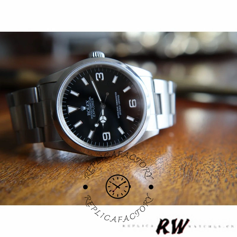 Rolex Explorer SRL156 14270, product view on wooden surface showing dial and bezel.