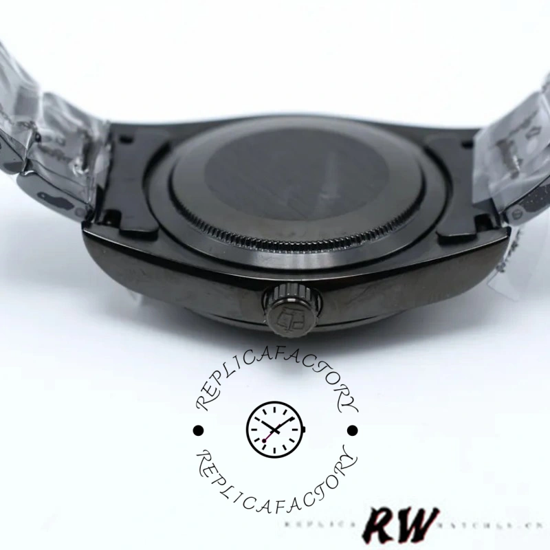 Rolex Milgauss PR116610 case back view, black PVD case and bracelet, rear angle.