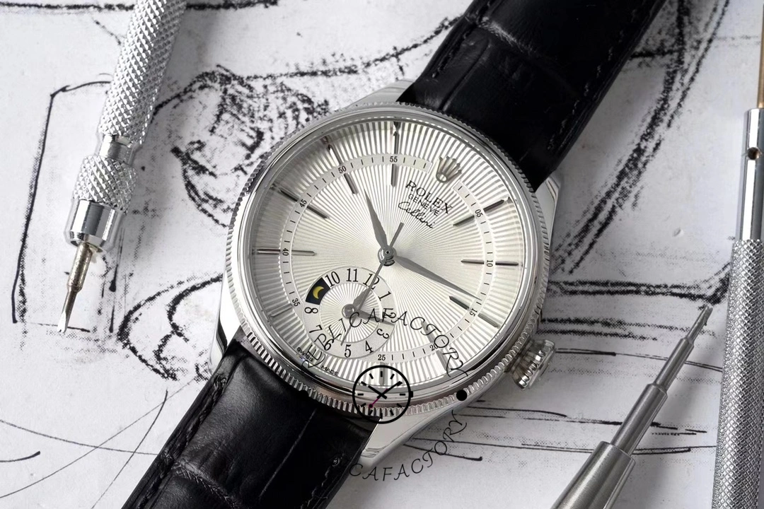 Rolex Cellini Dual Time 50529 Silver Sunburst Dial Brown Leather Strap 39mm Mens Replica Watch