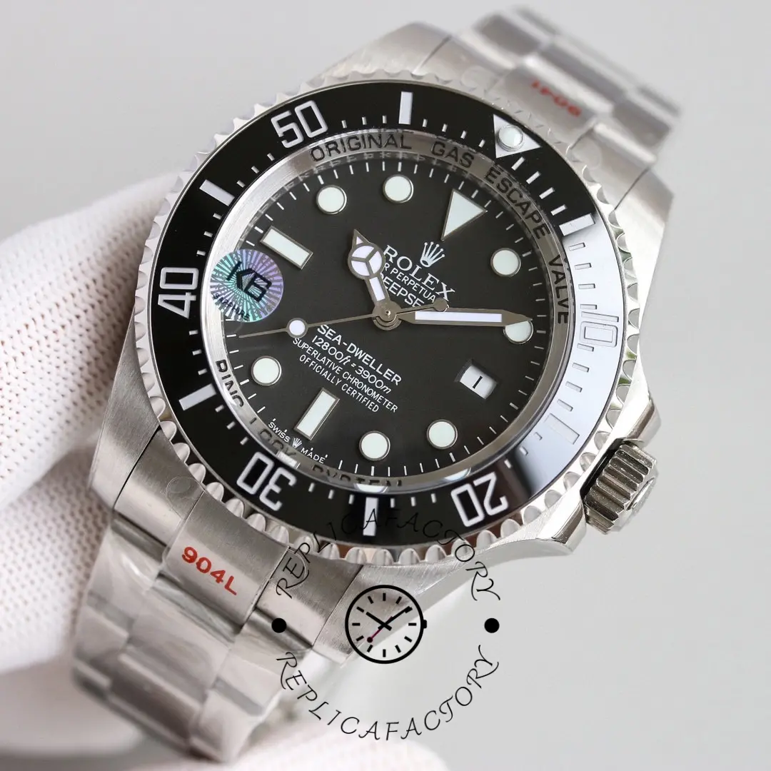 Rolex Deepsea 126660, black dial and bezel insert, macro detail.