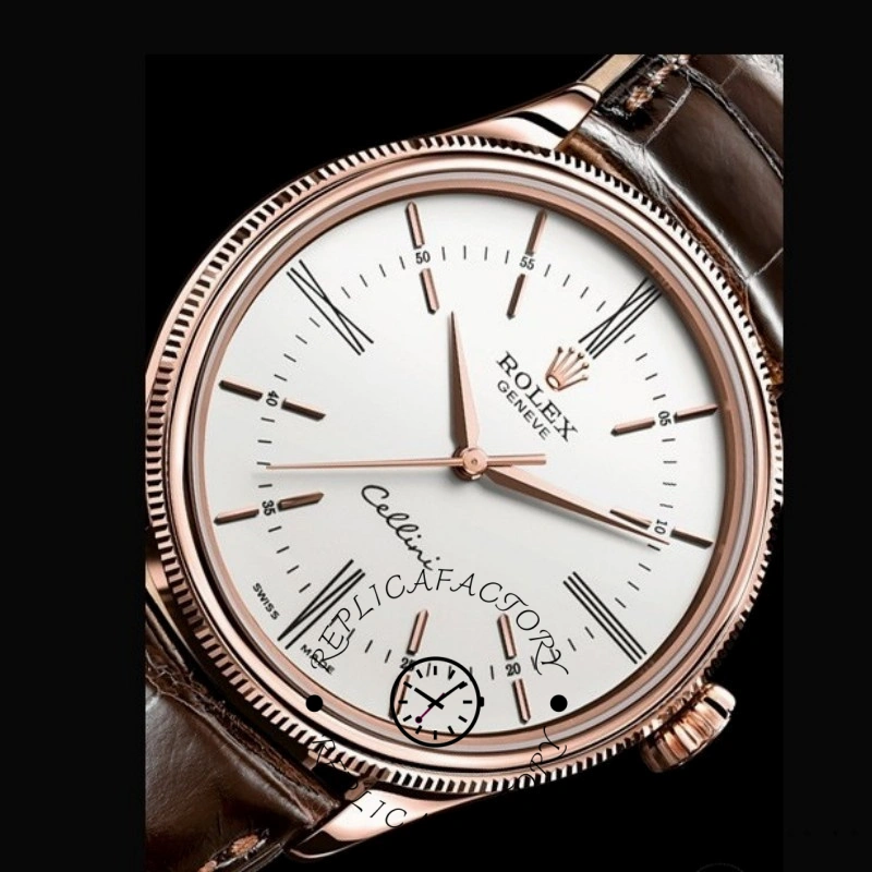 Rolex Cellini Time 50505 Brown Leather Strap White Dial 39mm Mens Replica Watch