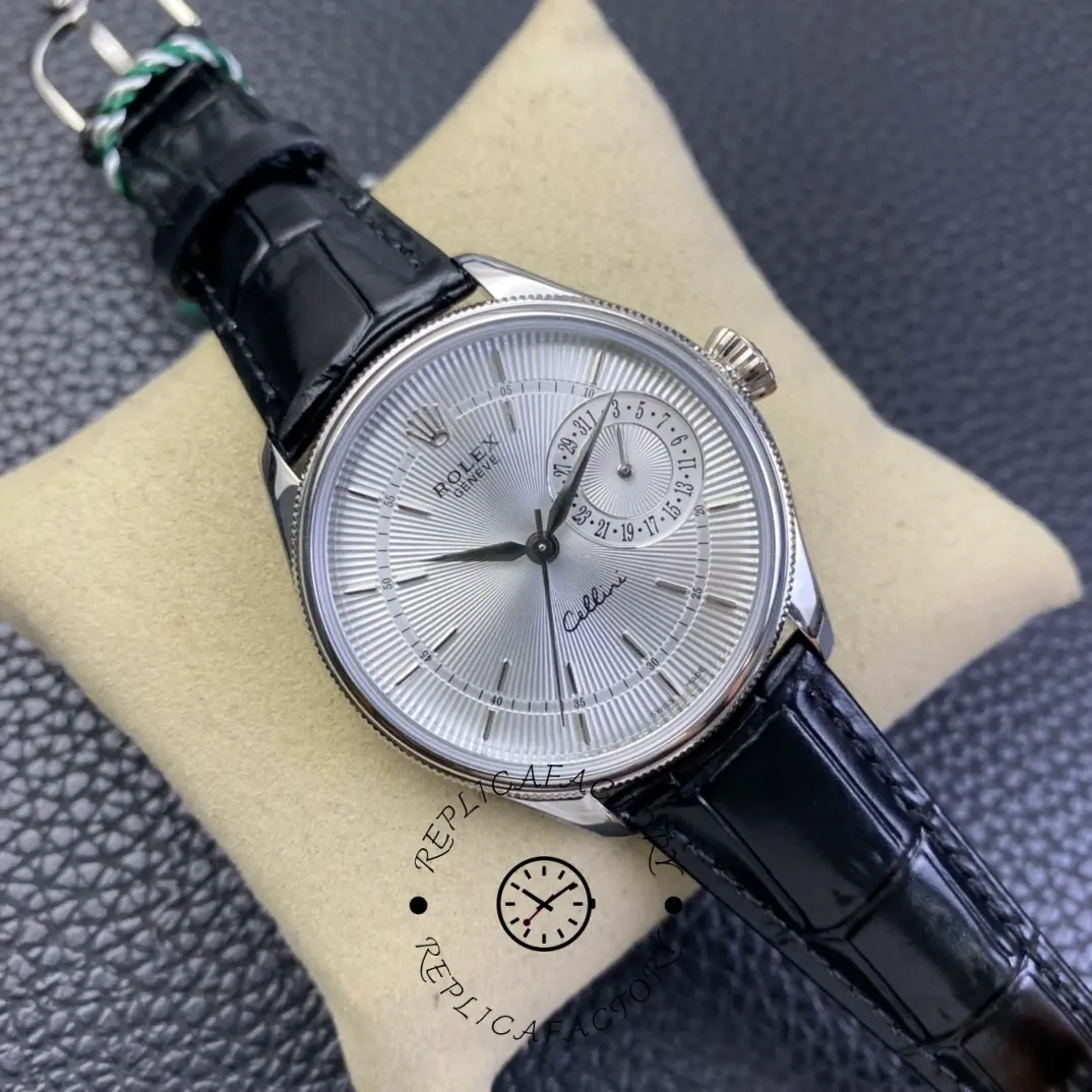 Rolex Cellini Date 50519 Black Leather Silver Dial 39mm Mens Replica Watch