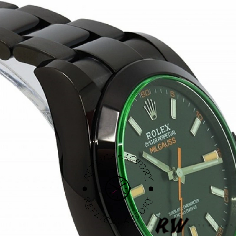 Side view of Rolex Milgauss 116400GV, showing PVD black bracelet links and case profile.