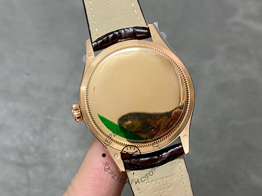 Rolex Cellini Dual Time 50525 Silver Dial Brown Leather Strap 39mm Mens Replica Watch