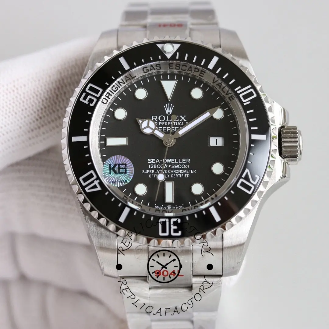 Rolex Deepsea 126660 on wrist, 44mm black dial and bezel, Oyster bracelet, front view.