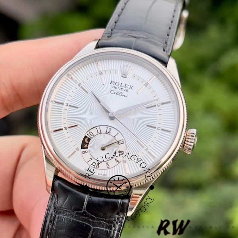 Rolex Cellini Dual Time 50529, hand-held outdoor close-up showing silver dial and dual time subdial.