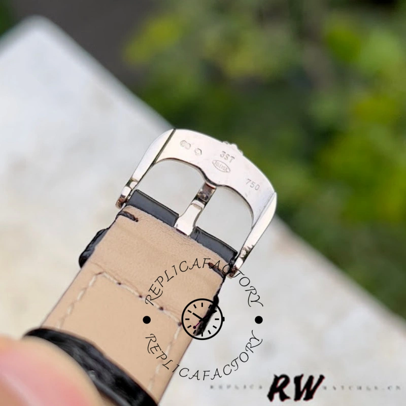 Rolex Cellini Dual Time 50529, buckle close-up showing pin buckle and beige underside of strap.