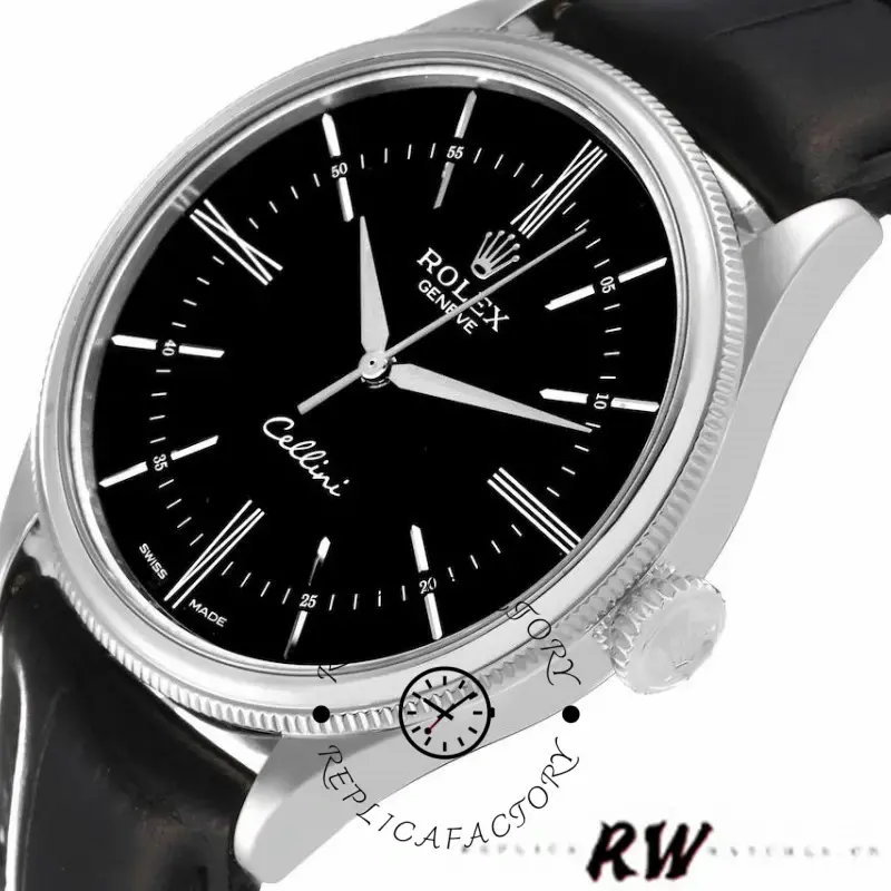 Rolex Cellini Time 50509 Black Leather Strap Black Dial 39mm Mens Replica Watch