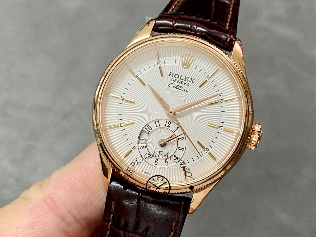 Rolex Cellini Dual Time 50525 Silver Dial Black Leather Strap 39mm Mens Replica Watch