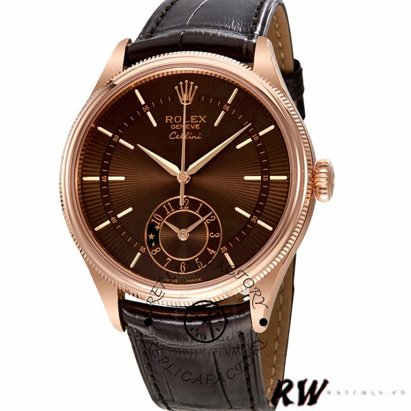 Rolex Cellini Dual Time 50525, product front view on white background with brown dial and strap.