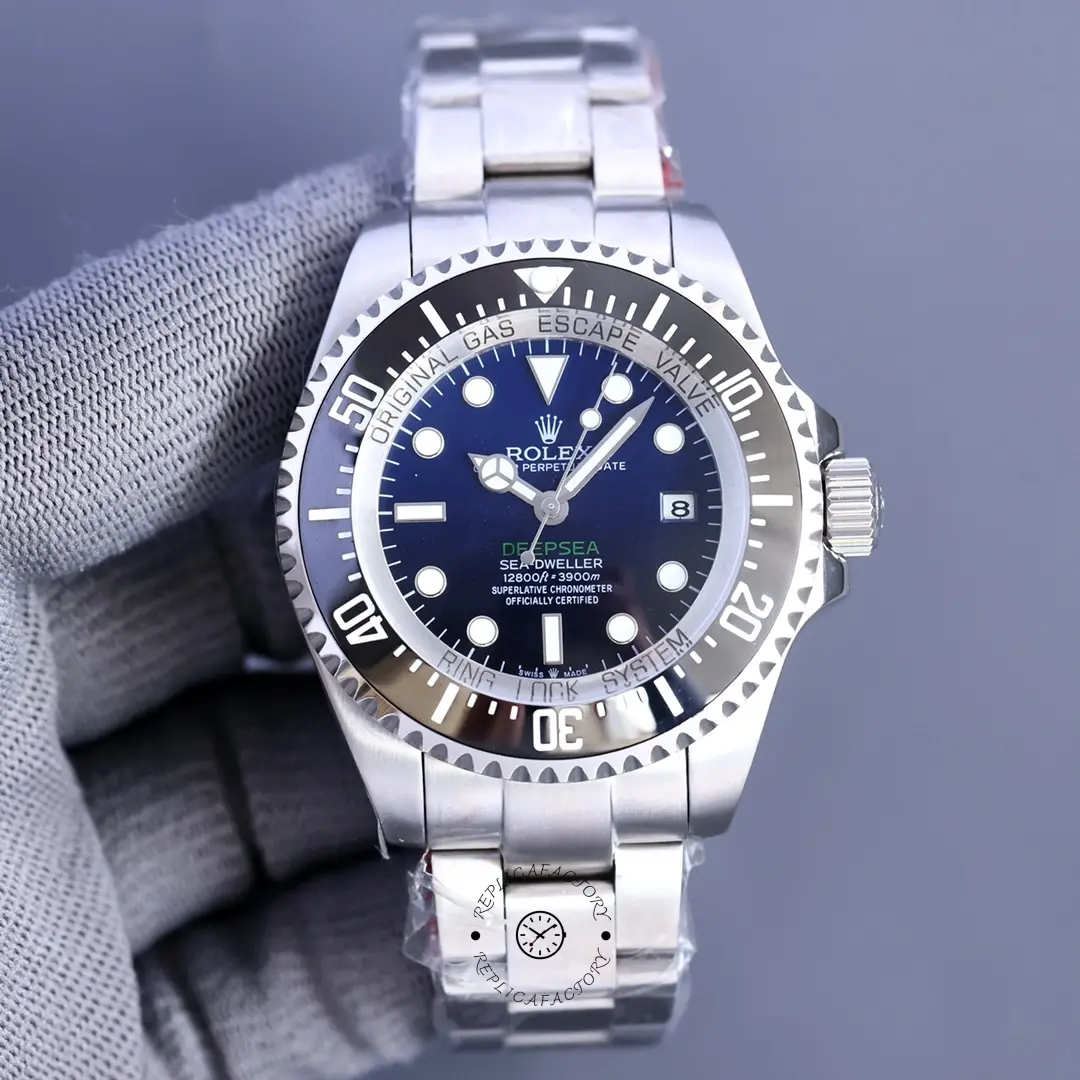 Rolex Sea-Dweller Deepsea 116660, product front view on glove showing D-Blue dial.