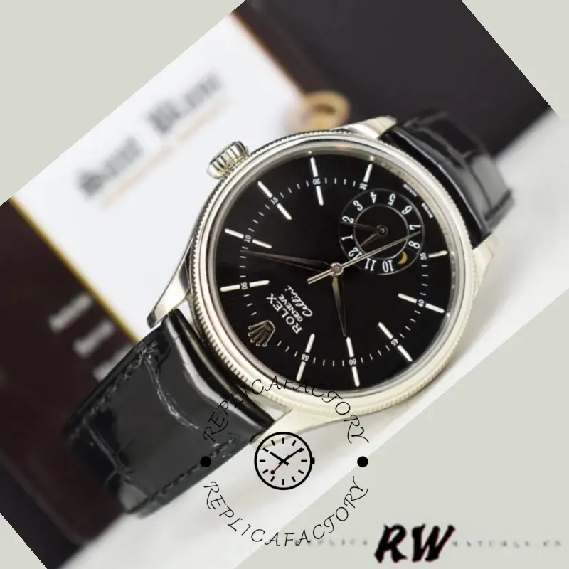 Rolex Cellini Dual Time 50529 Black Dial White Gold 39mm Mens Replica Watch